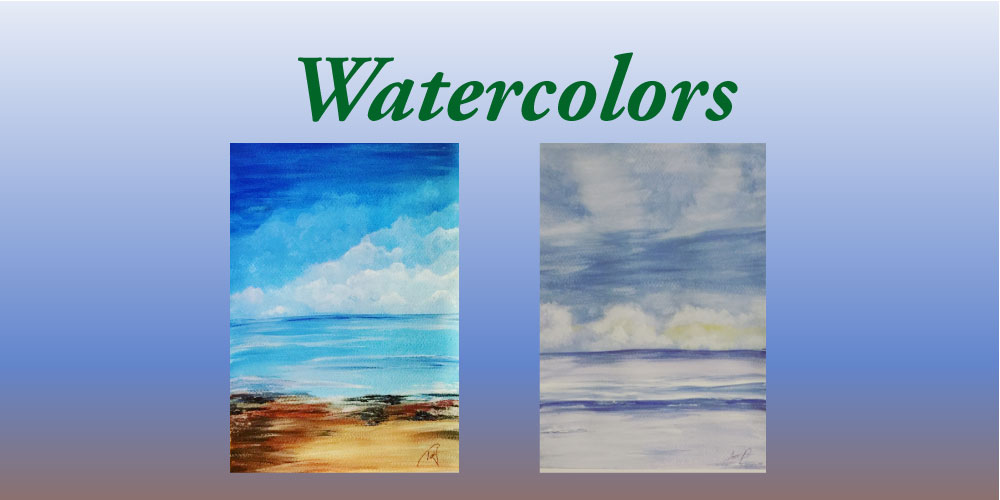 watercolor paintings, oceanscape, landscape, blue skies